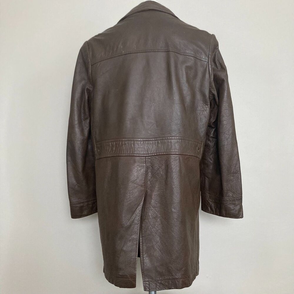 Vintage 1980s Brown Leather Pea Coat Trench Style Overcoat - Mens Size M/L - Picture 2 of 10
